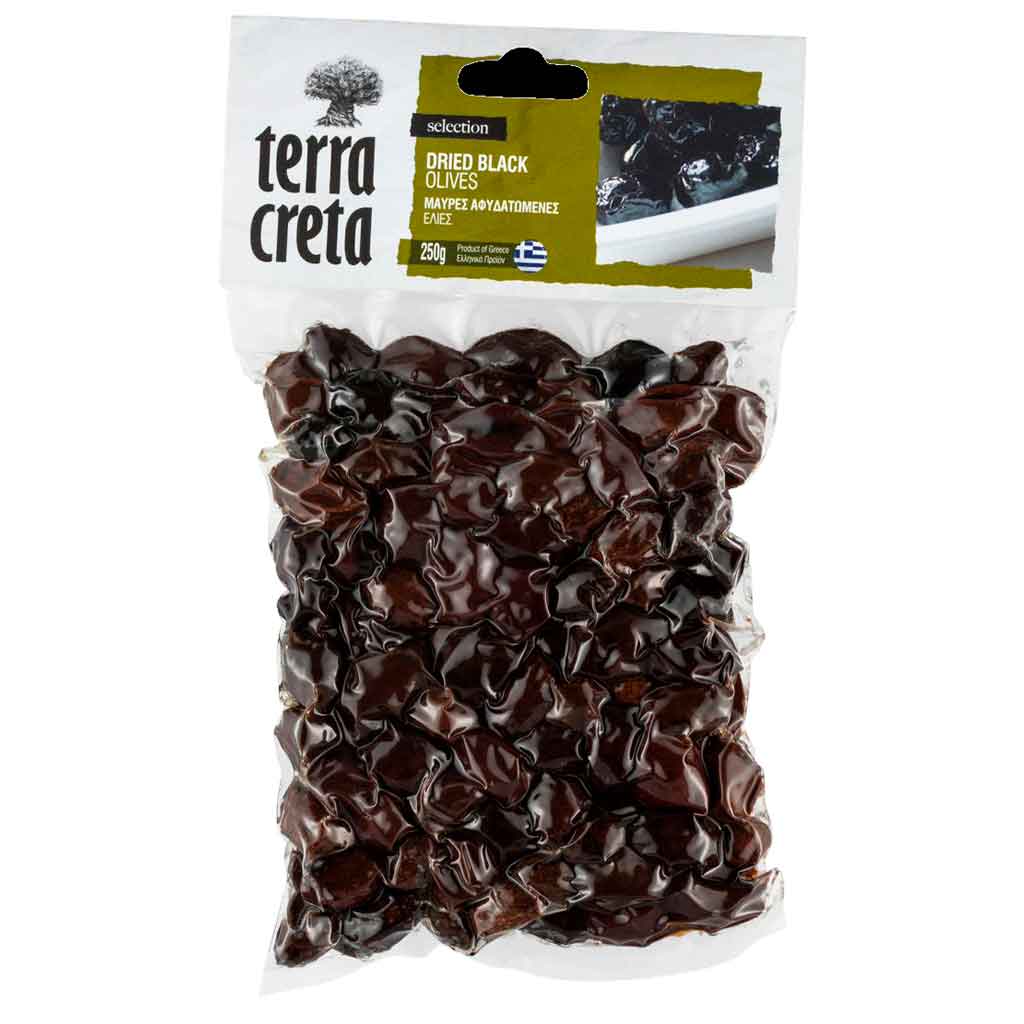 Terra Creta Dried Black Olives Mustat Vakuumipakatut Oliivit, Kivellinen, 250 g