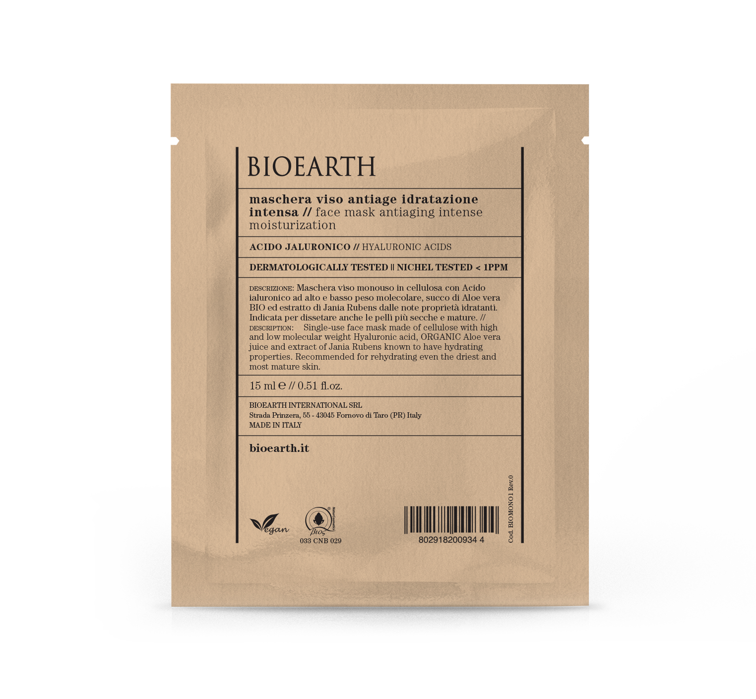 Bioearth Face mask antiaging intense moisturization - Hyaluronic acid