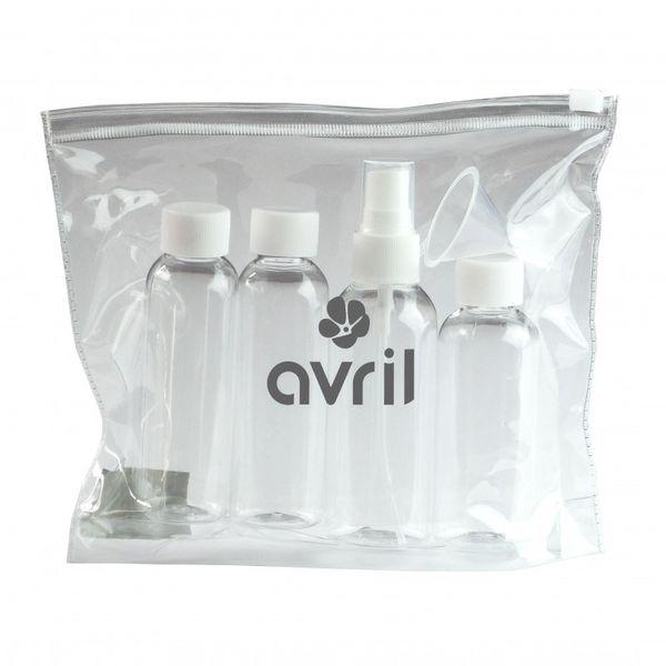 Avril Organic Matkapullosetti läpinäkyvässä pussukassa