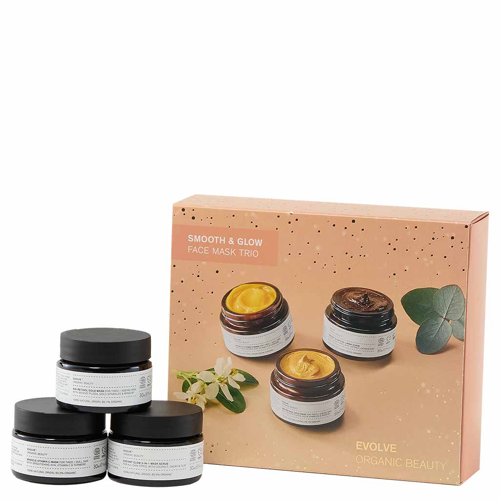 Evolve Organic Beauty Smooth & Glow Face Mask Trio Lahjapakkaus